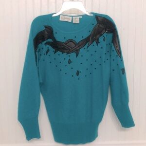 80s🩵CASHMERE ANGORA Dolman Slv EMBELLISHED VintageSWEATER washable ExcellentCond